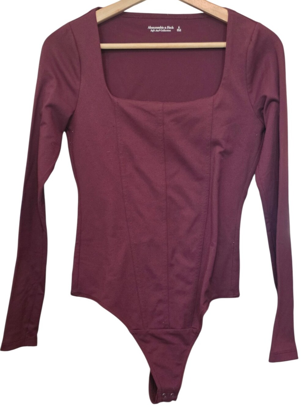 Abercrombie & Fitch Soft A&F Burgandy Bodysuit Square Neck Corset Seams Sz S EUC